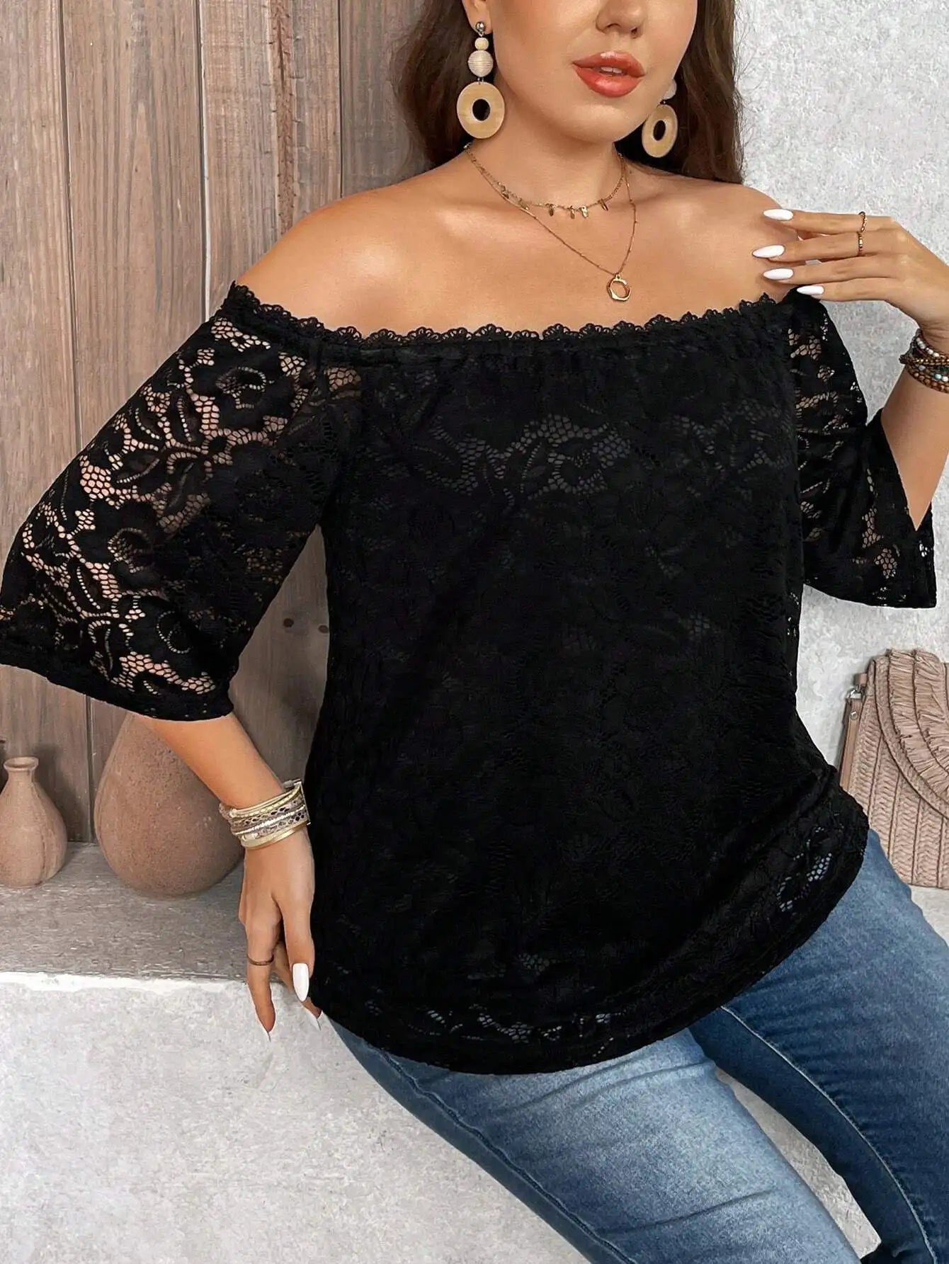 Black Lace Off Shoulder Blouse Plus Size