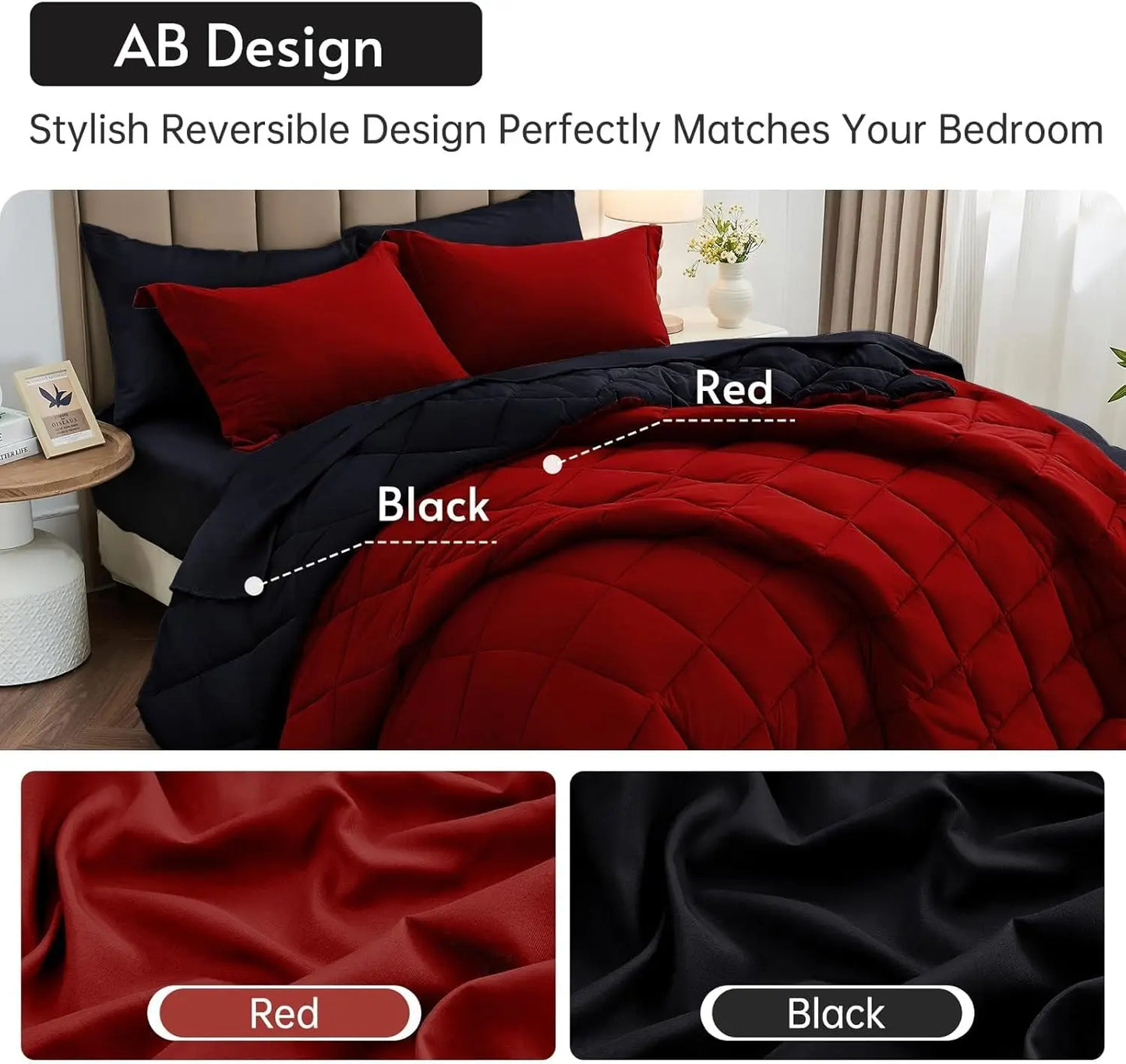 7 Pieces California King Comforter Set Reversible Bed in a Bag.  Red Black