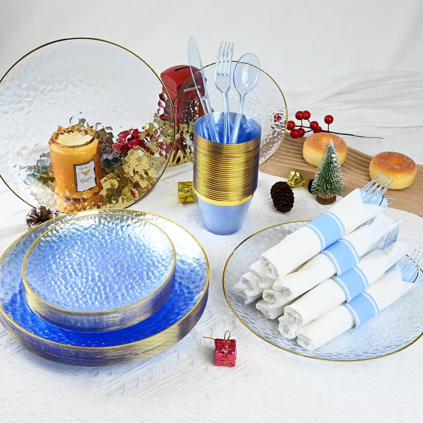175PCS Gold and Blue Plastic Dinnerware Set – Clear Blue Disposable Plate with Gold Rim.