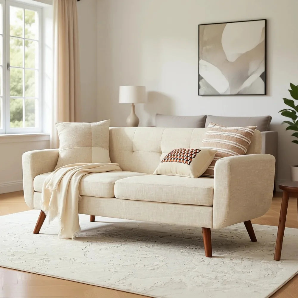 Mid Century Modern Loveseat Sofa . Beige Upholstered, .