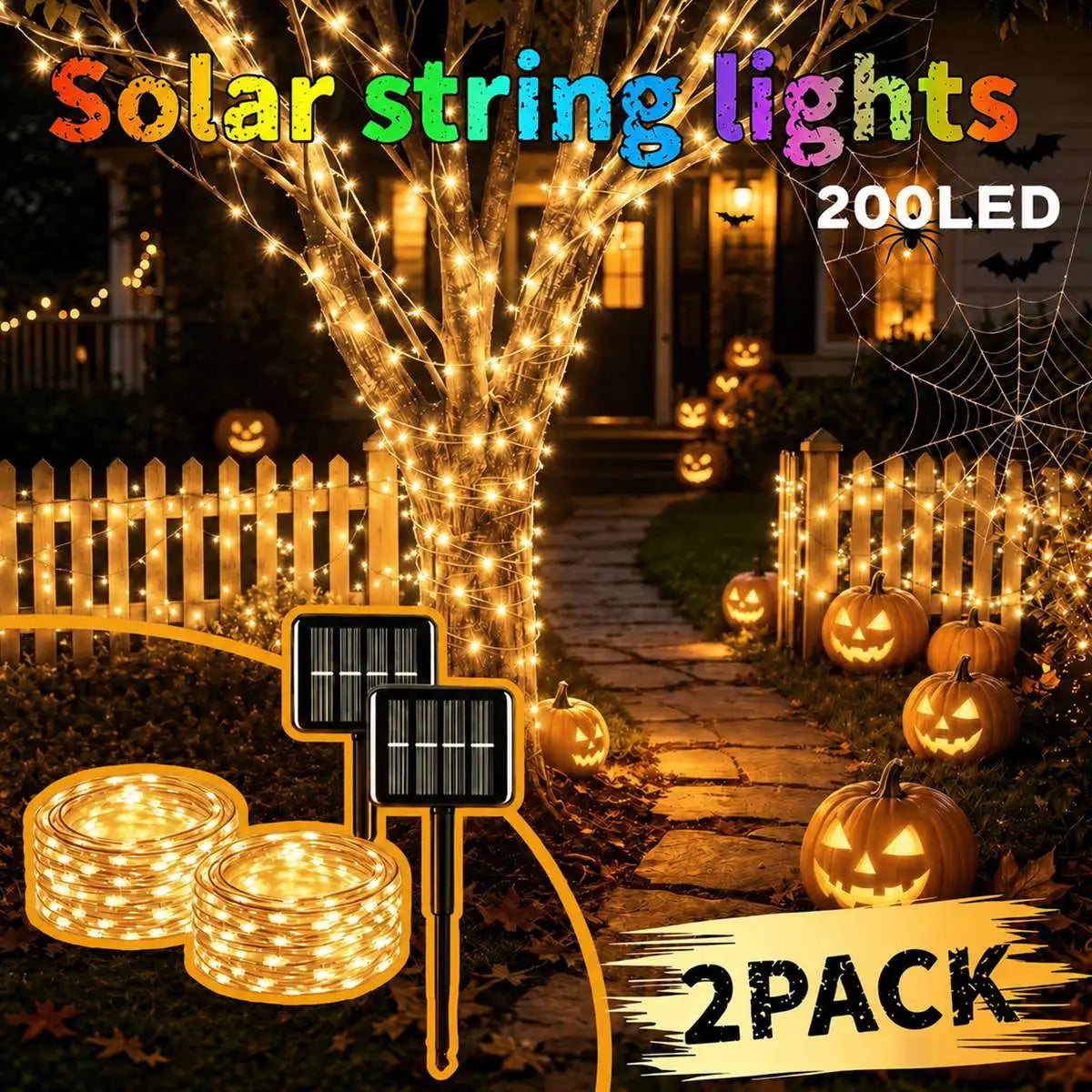 2Pcs/Set Halloween Solar Fairy String Lights Copper Wire LED Outdoor Lights With 8 Modes Outdoor.