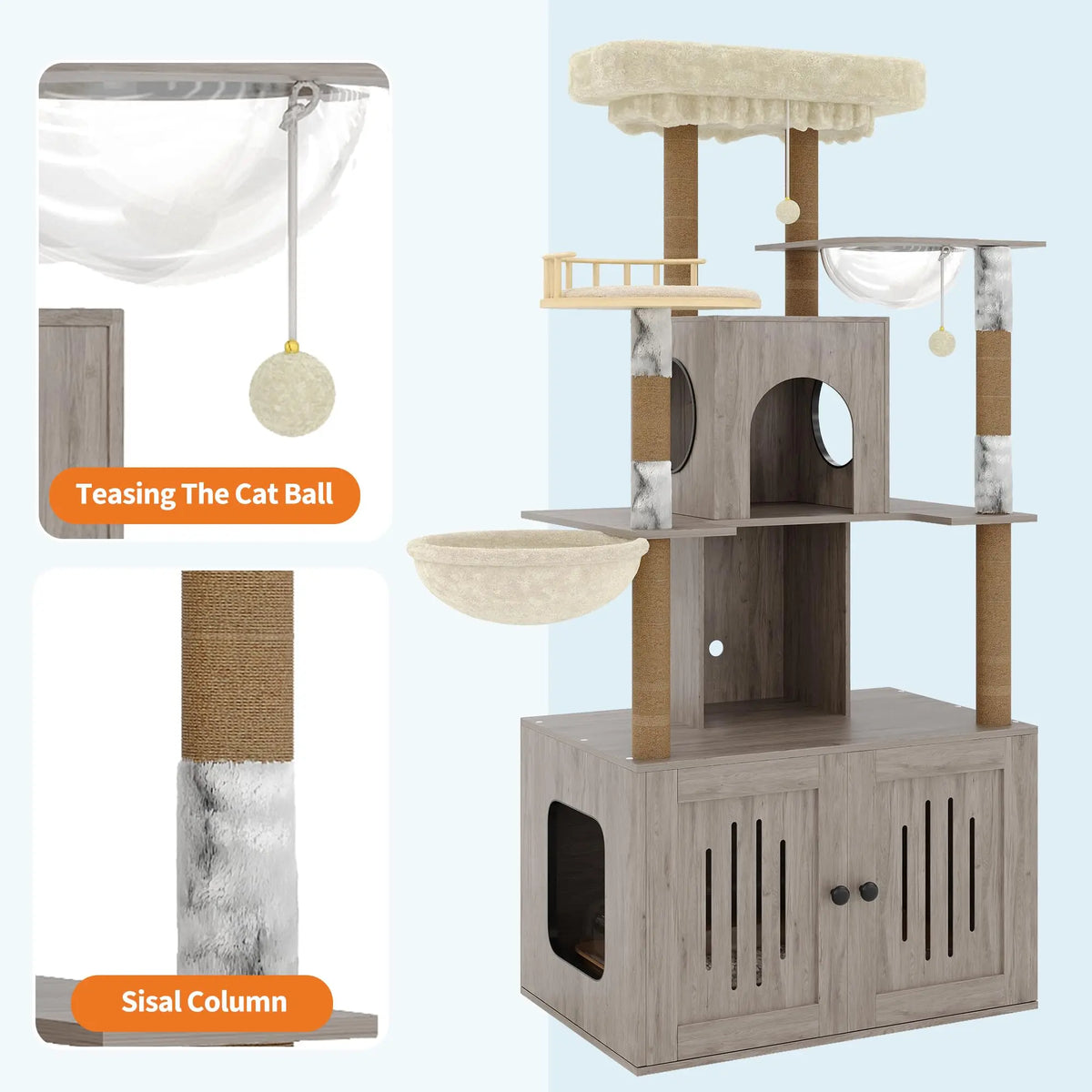 Multi-Level Cat Tree with Hidden Litter Box Enclosure Sisal Scratching Posts Condo & Hammock . Modern Litter Box Furniture