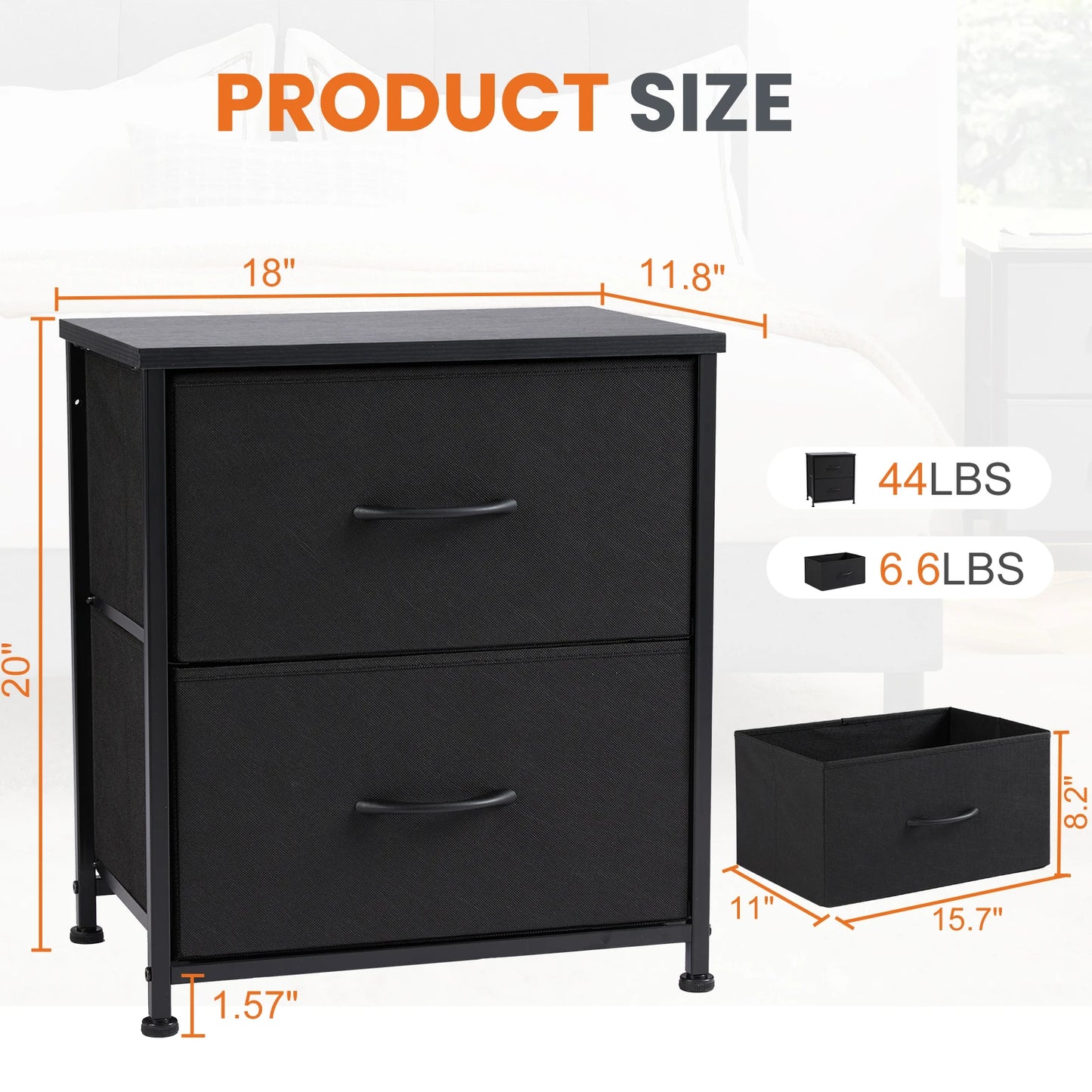 Nightstand Bedside Table Storage Closet Chest 2 Fabric Drawers