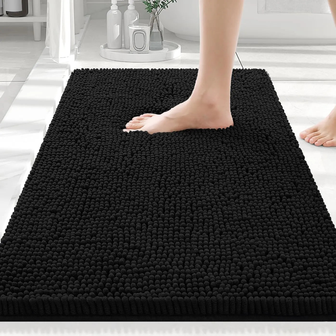 Luxury Chenille Bathroom Rugs 30x20, Extra Soft Absorbent Shaggy Bath Mat,. Black