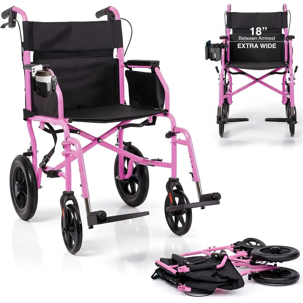 ingbird™ Ultra-Lightweight foldable Transport Wheelchair, Handbrakes,12-Inch Rear Wheels, Extra-Wide Seat.