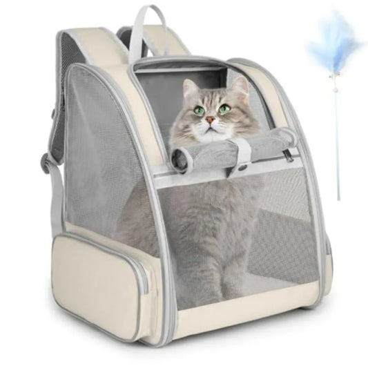 Cat Backpack Carrier, Large Pet Carrier Backpack with Kitten Wand Feather Toy