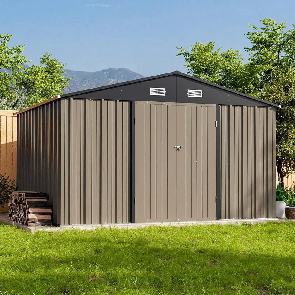 10x8ft Outdoor Storage Shed - Large Metal with Sloping Roof and Double Lockable Doors,