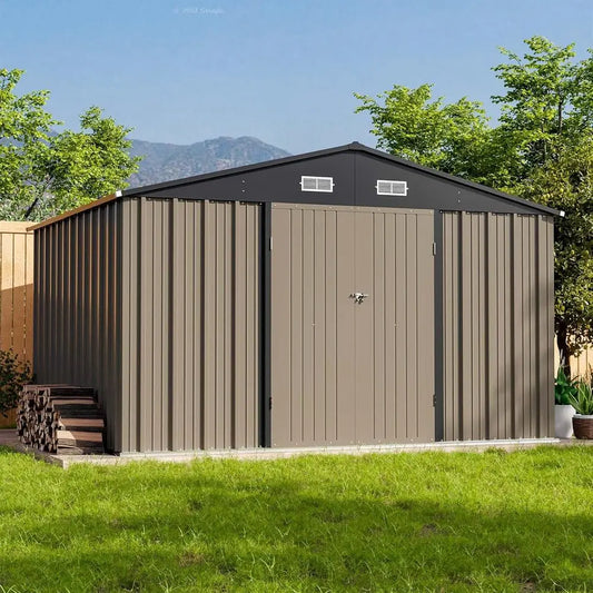 10x8ft Outdoor Storage Shed - Large Metal with Sloping Roof and Double Lockable Doors,