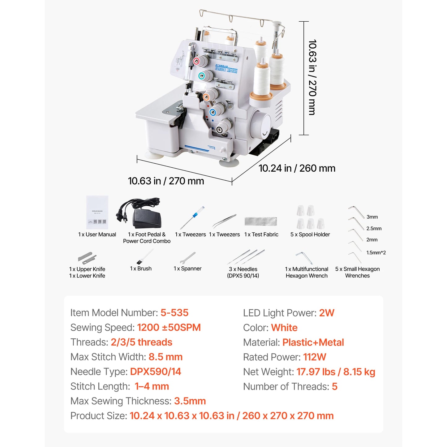 Serger Overlock Sewing Machine 1250 Stitches Per Minute 2-3-4 Thread Capability 0.7-2 Adjustable Differential Feed