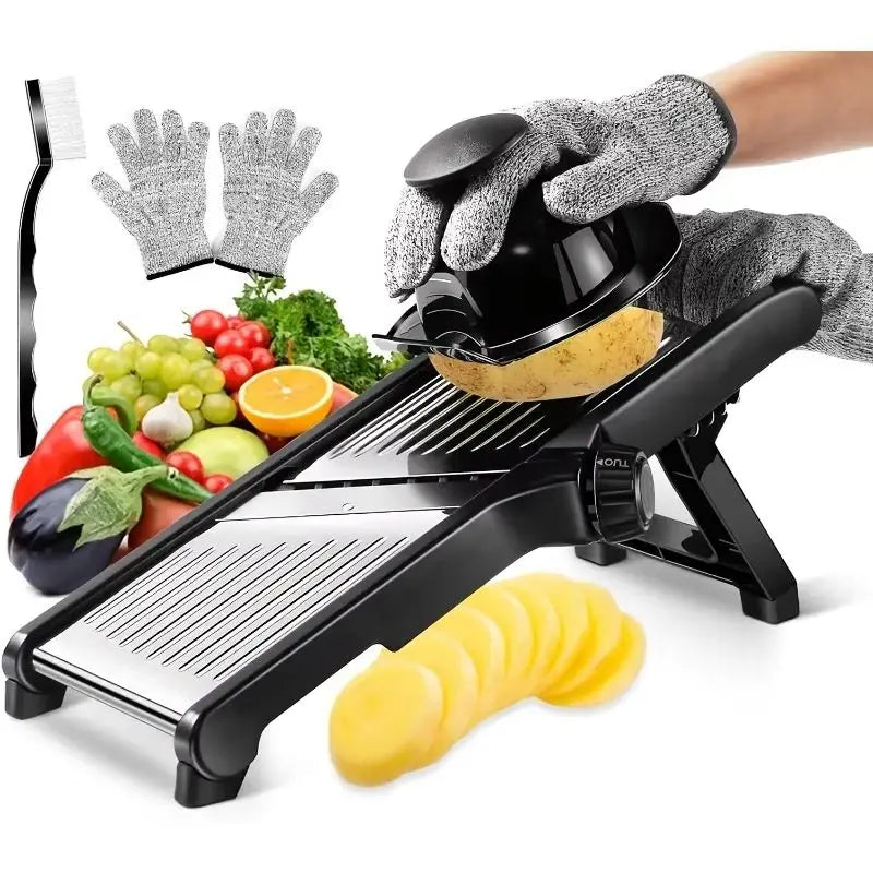 Stainless Steel Mandolin Slicer with 5 Blades & Holder - Safe Hand Guard.