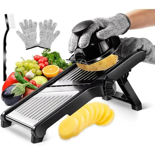Stainless Steel Mandolin Slicer with 5 Blades & Holder - Safe Hand Guard.