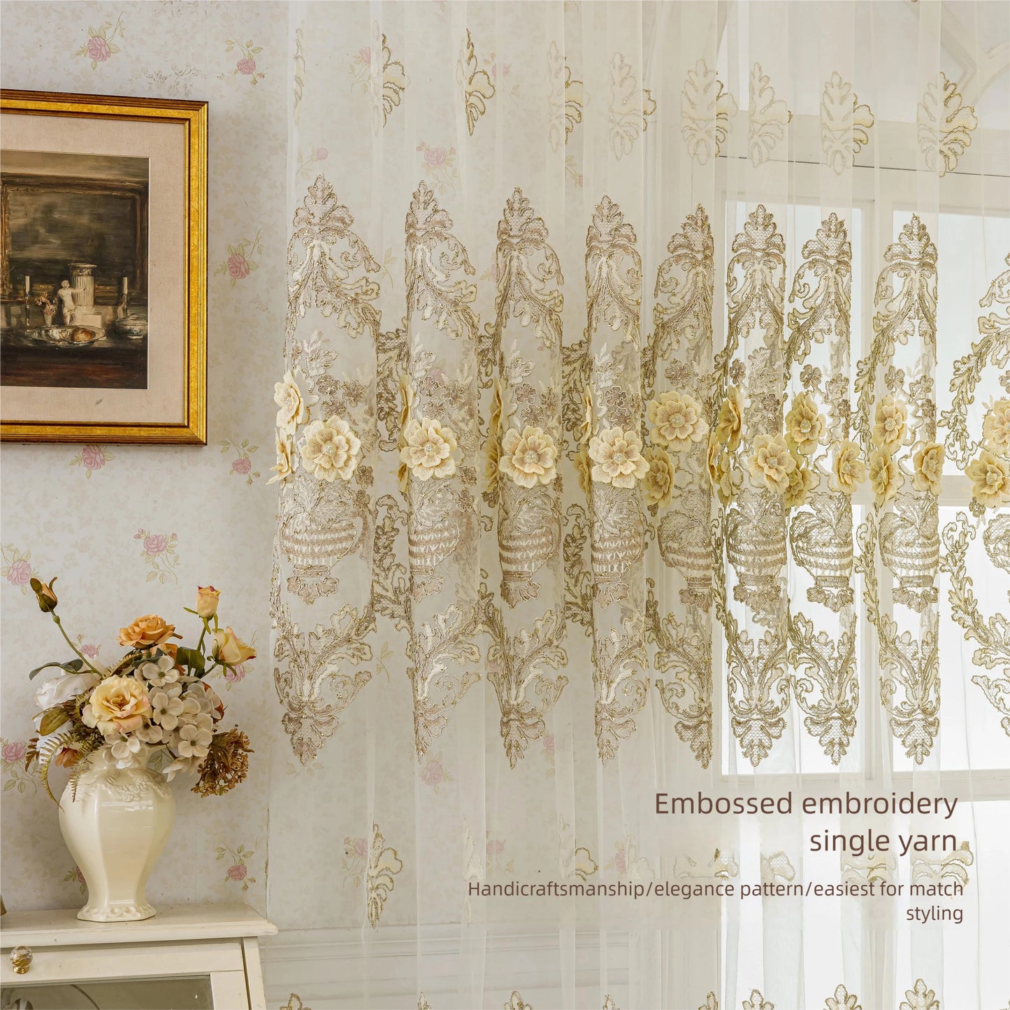 White gauze curtain, luxurious 3D embroidered gauze,