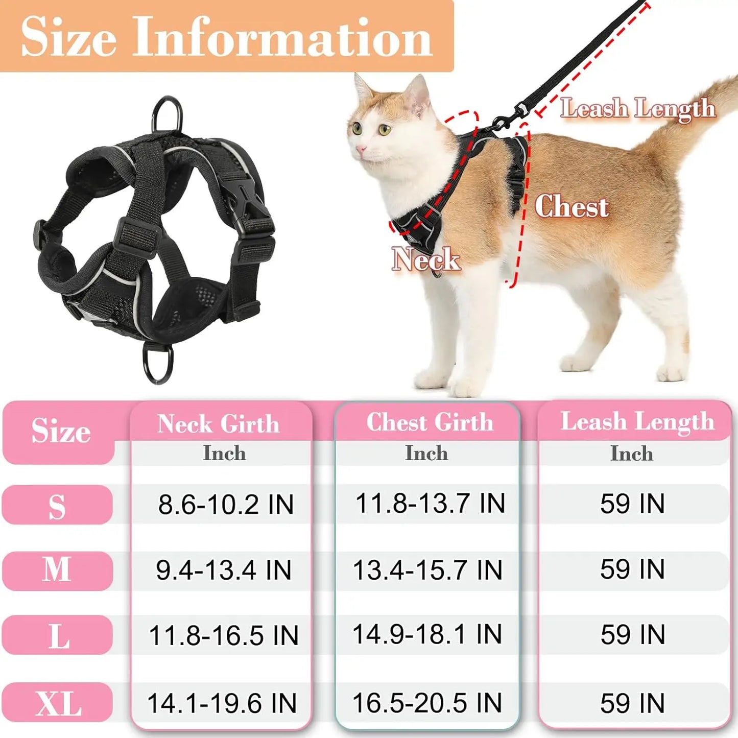 Cat Harness and Leash Set, Escape Proof Reflective Vest with 4 Buckles for Walking, .