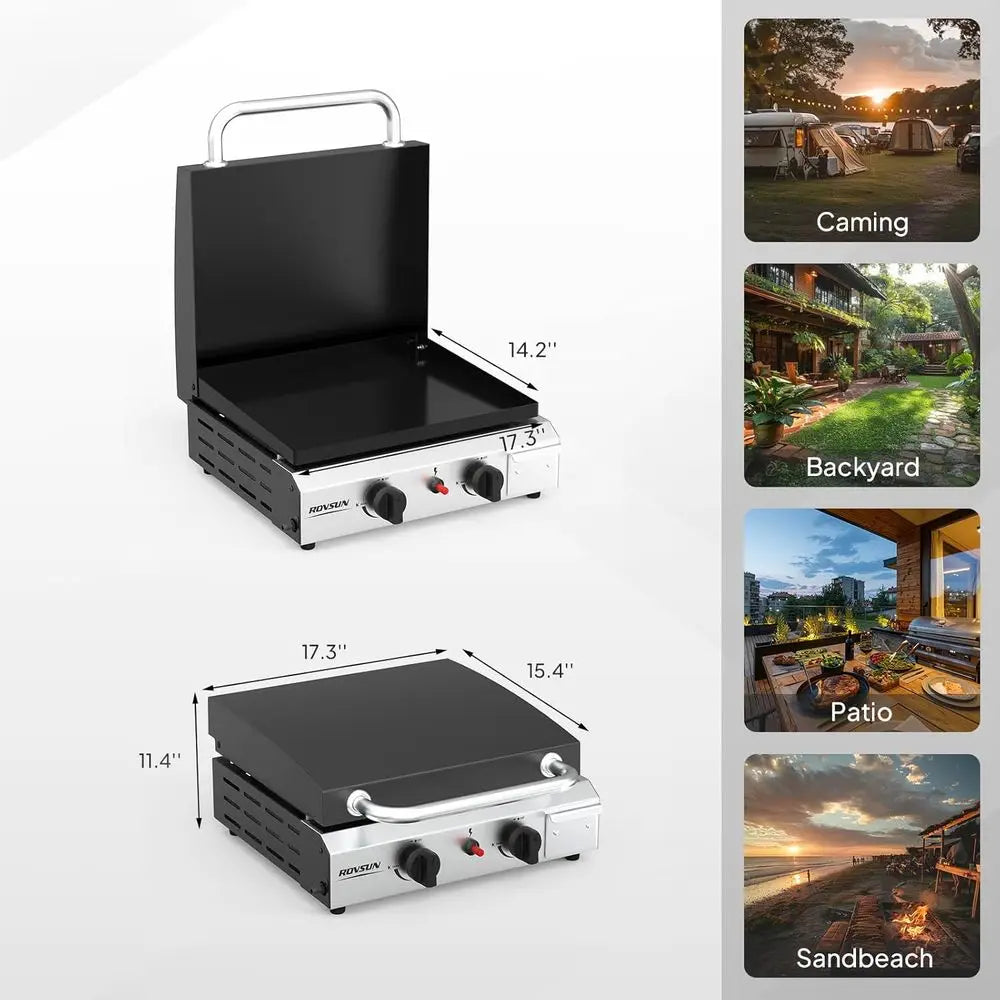 2 Burner Portable Propane Griddle with Enameled Tray & Lid, 20,000 Tabletop  Top Gas Grill with Electric Ignition & Regulator.