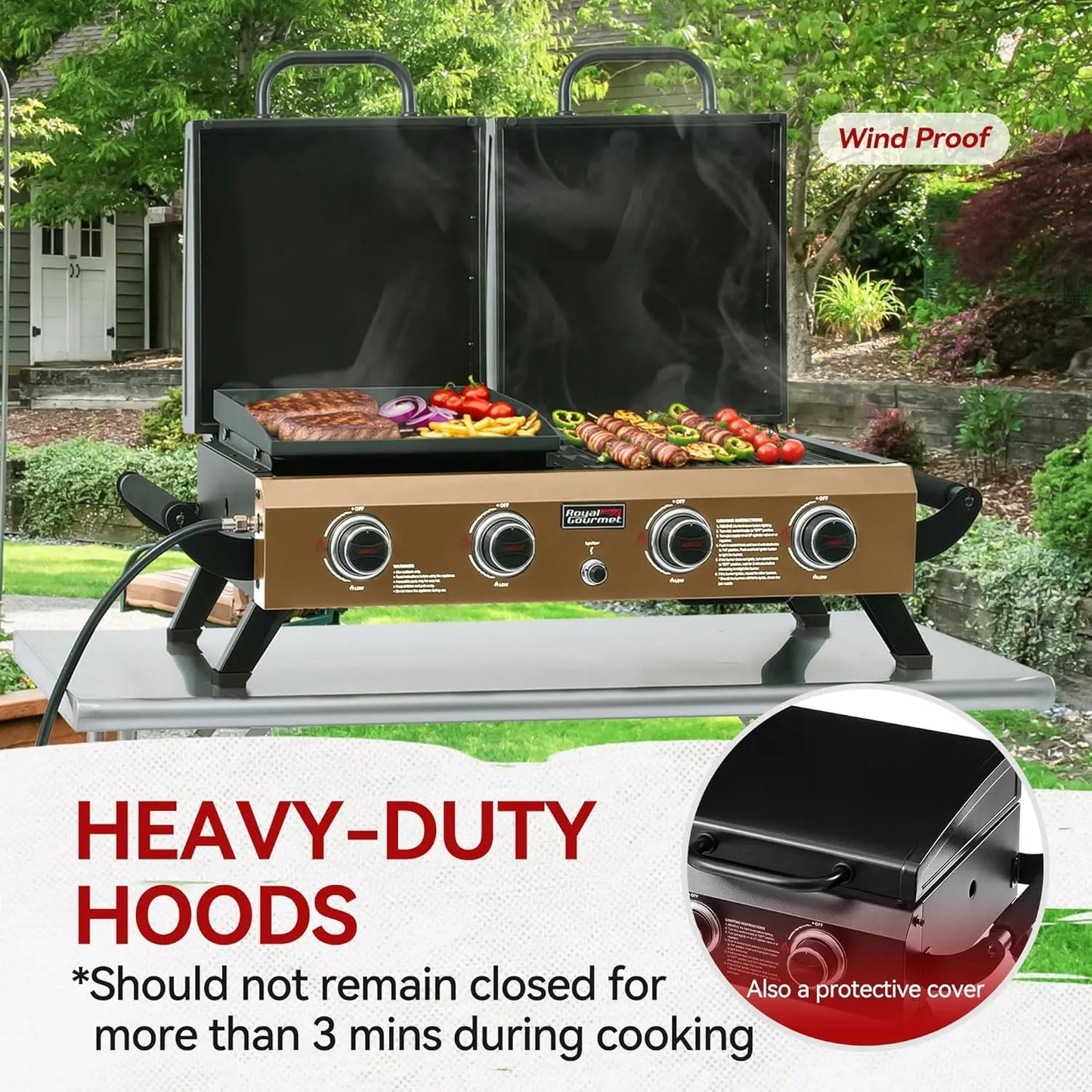 .Portable Tabletop Grill & Griddle Combo with Hood, 4-Burner Portable Propane Gas Grill Griddle Combo .