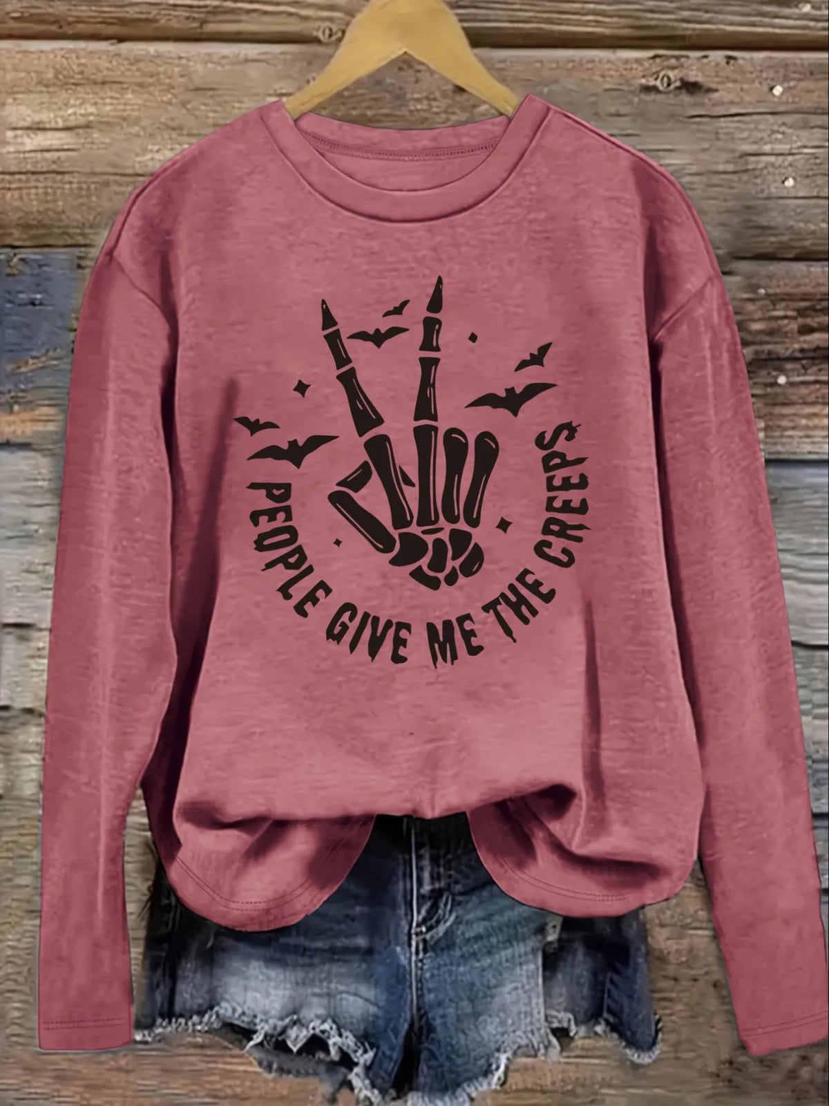 Women's Casual Long Sleeve Crew Neck T-Shirt Skeleton Hand Give Creeps Design.