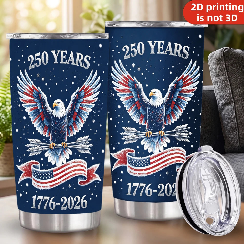 20oz USA 250th Anniversary Printed Stainless Steel Tumbler with Lid and Straw, Navy Blue Patriotic Eagle 1776-2026 American Flag .
