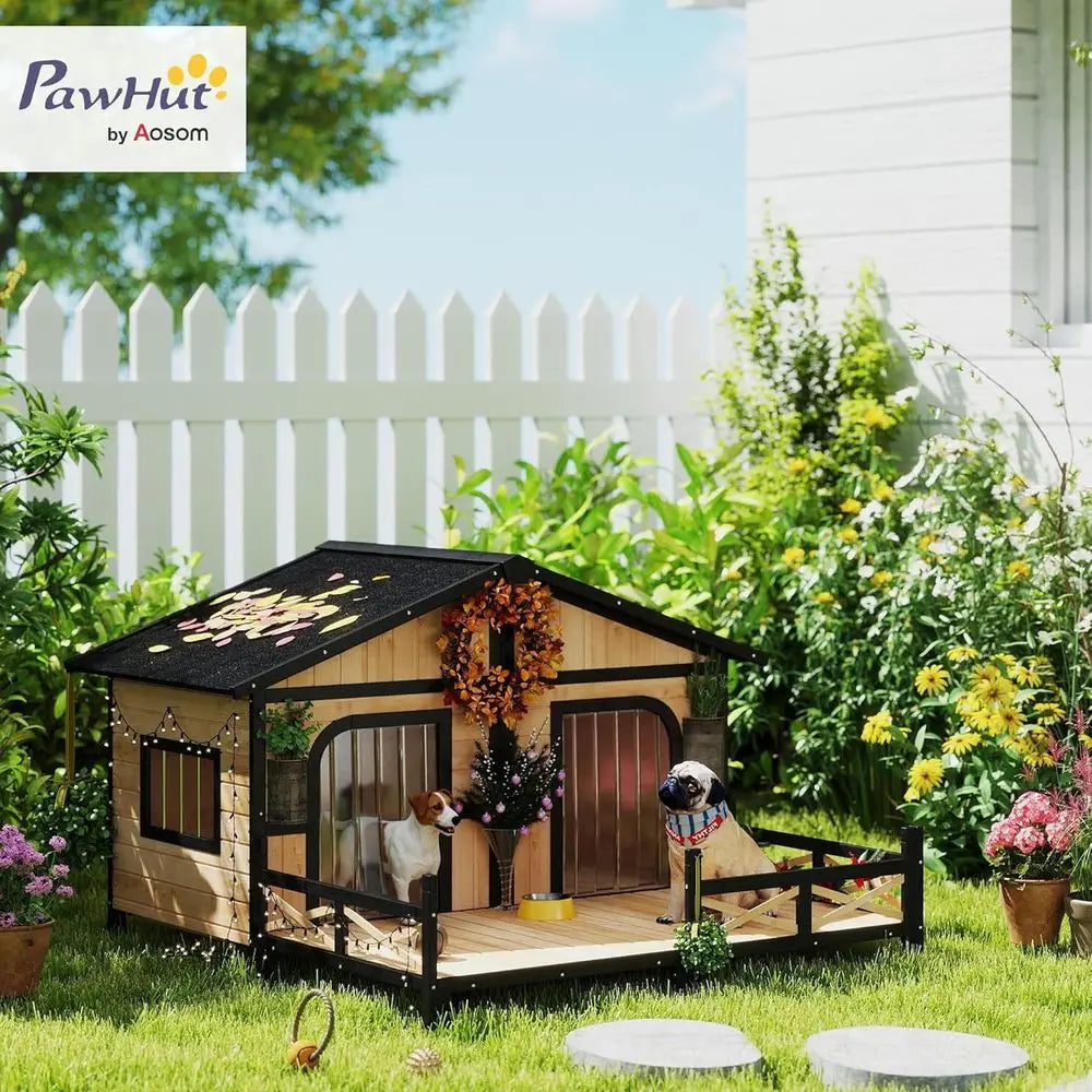Elevated Wooden Outdoor Dog Kennel with Porch, Removable Bottom,.