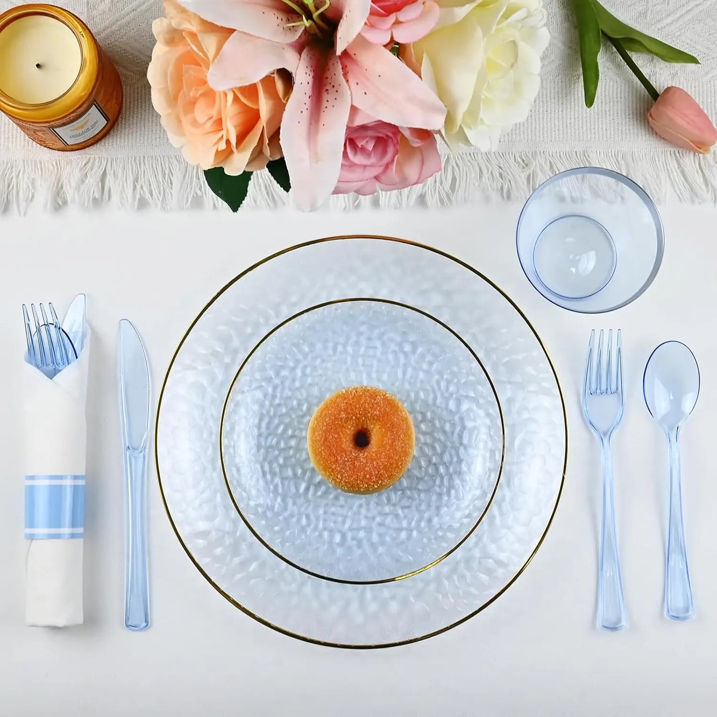 175PCS Gold and Blue Plastic Dinnerware Set – Clear Blue Disposable Plate with Gold Rim.