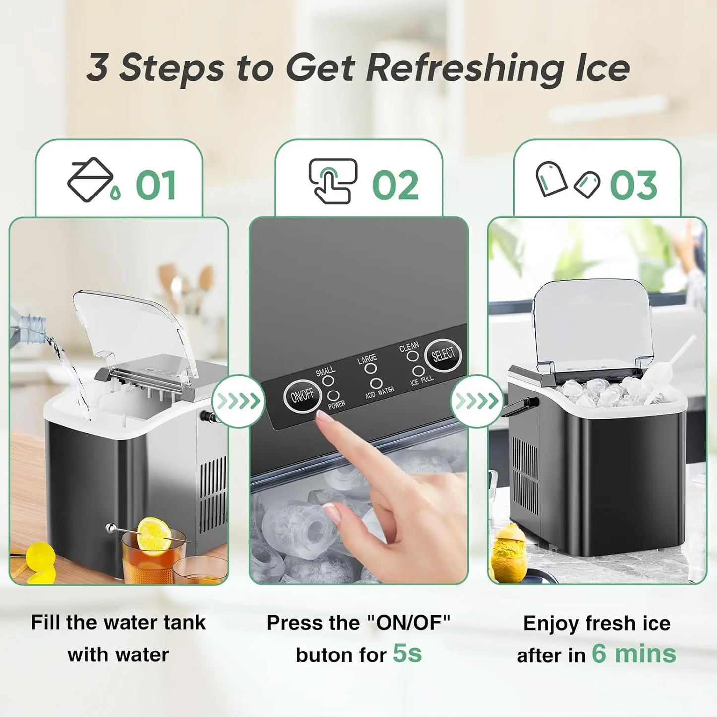Portable Countertop Ice Maker, 26lbs/24H, 9 Cubes in 6 Mins,.
