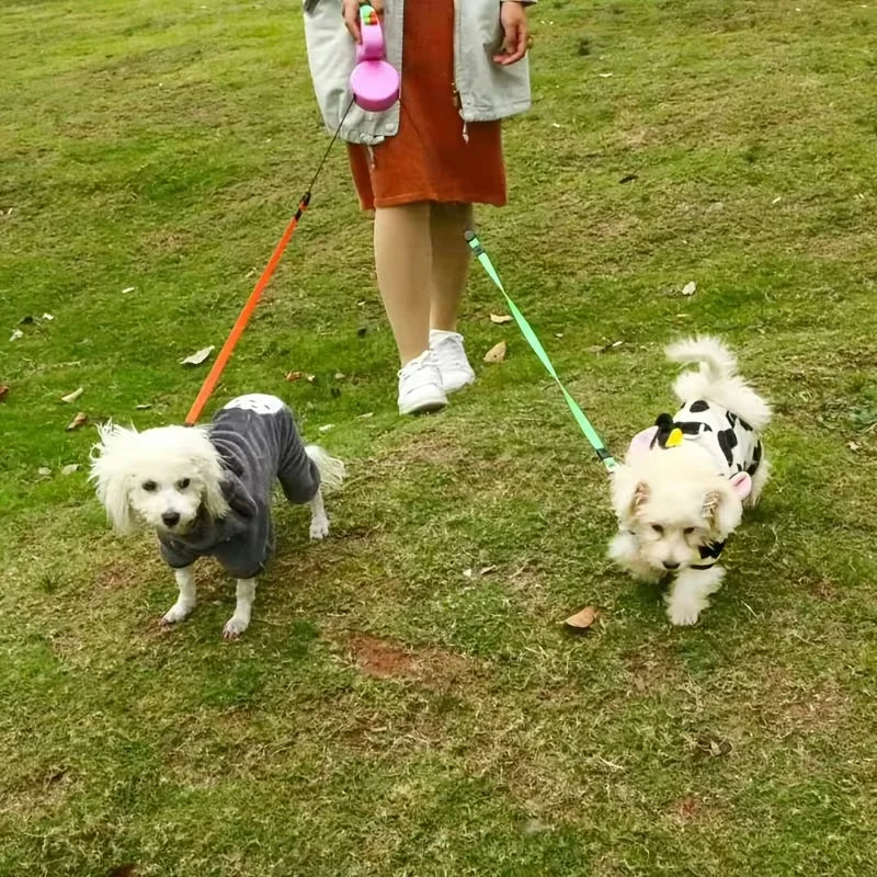 Self-Retracting Pet Leash with Dual Heads, 360-Degree Outdoor Dog Lead, One Leash for Two Dogs