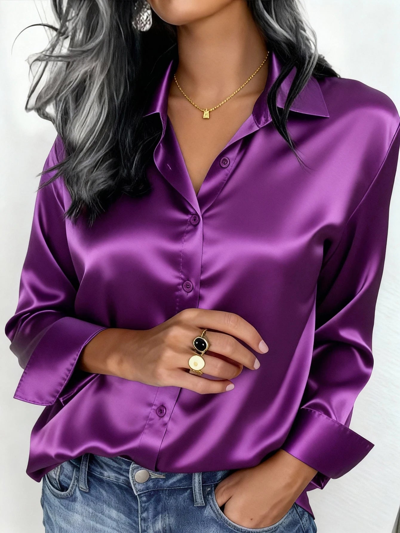 Women's Satin Button-Up Blouse, Apparel