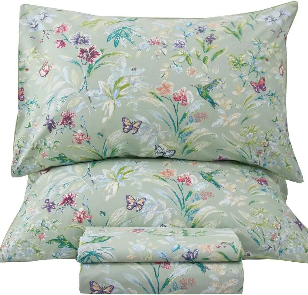 Queen Size Floral Sheet Set with Green Flower Bird Butterfly Print - Botanical Egyptian Cotton Bed Sheets.