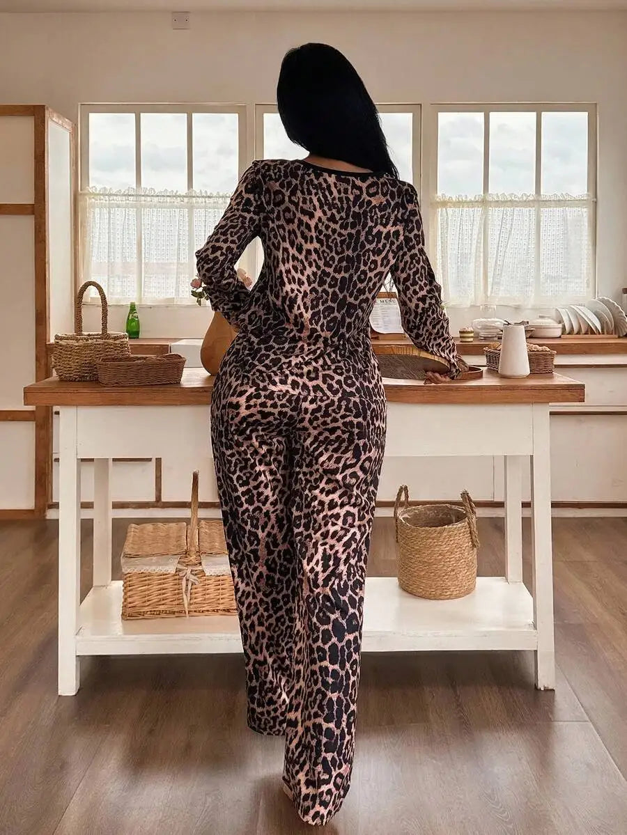 Leopard Print Long Sleeve Pajama Set Women