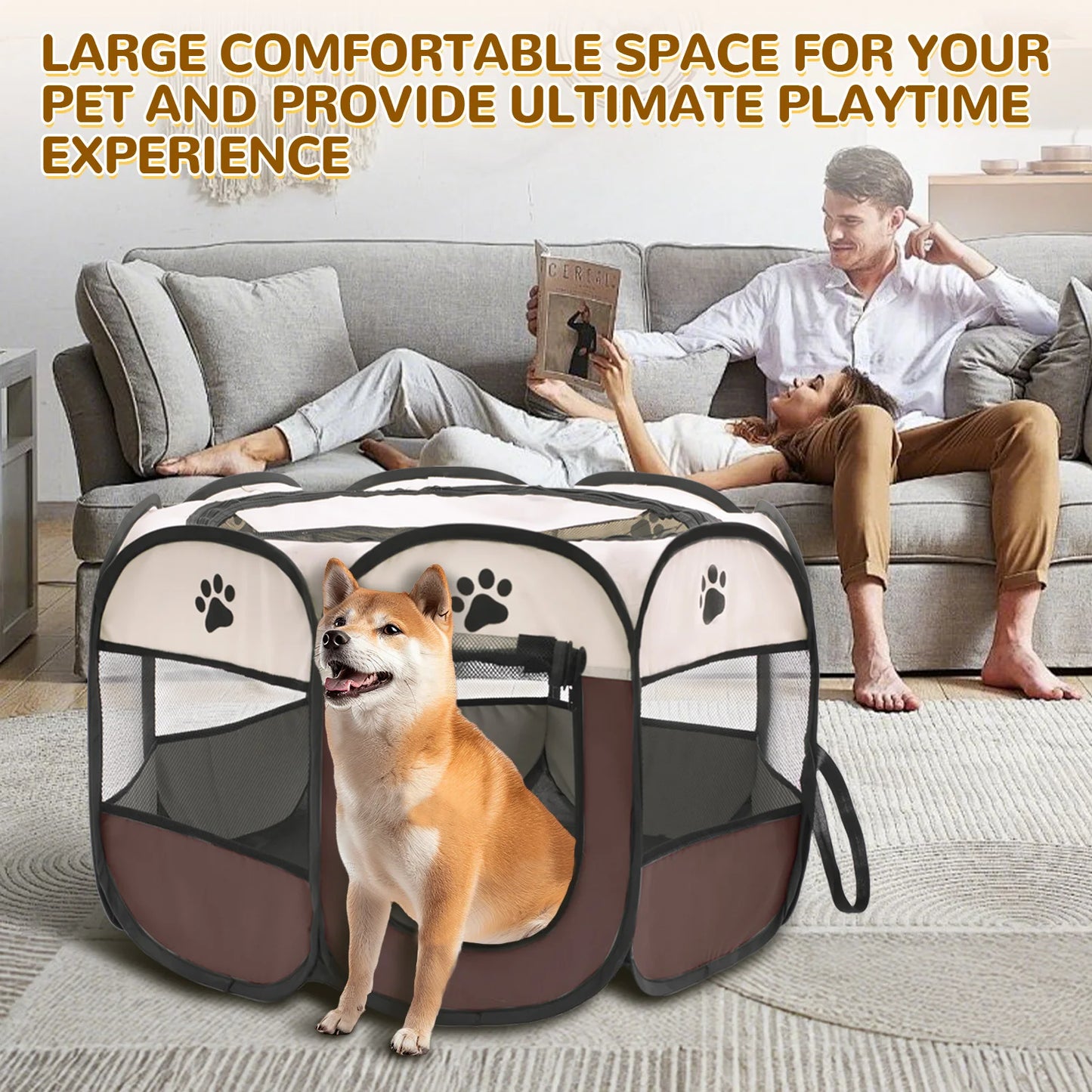 Foldable Pet Playpen for Dogs & Cats - Durable Oxford Cloth with Removable Zipper,