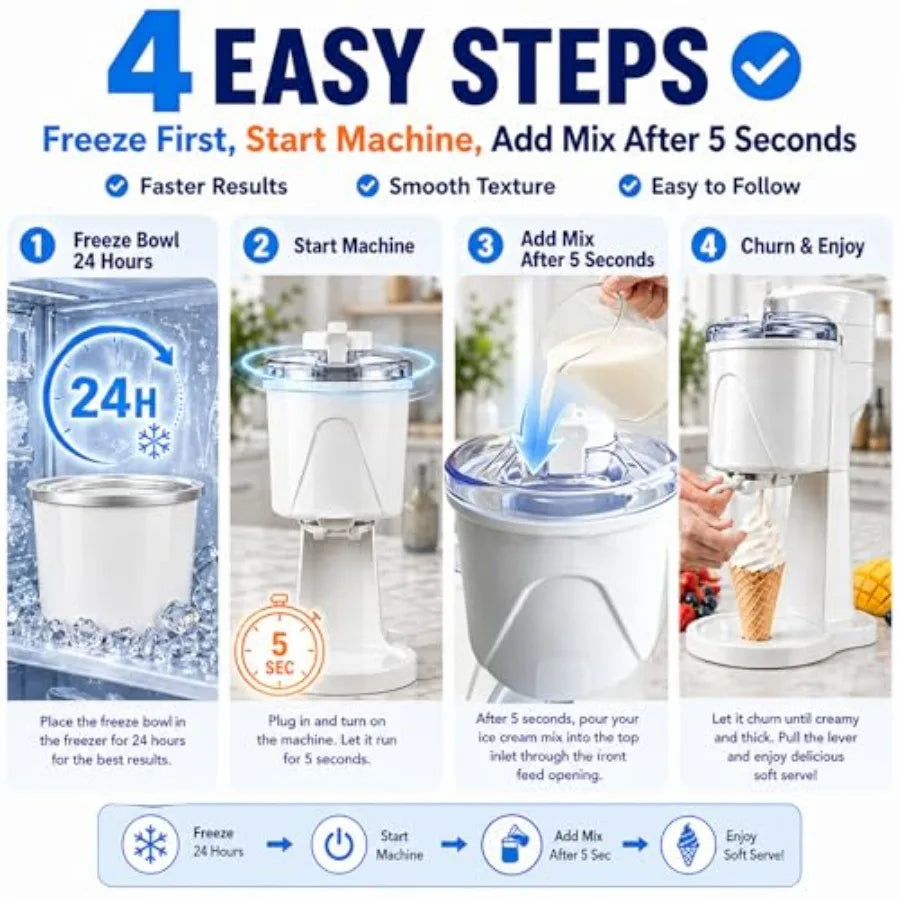 Soft Serve Ice Cream Machine for Home, 1 Quart Ice Cream Maker Machine with Freezer Bowl, .