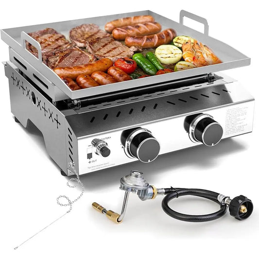 2-Burner Portable Tabletop Grill, 16000 BT  Non-Stick Outdoor Portable Propane Griddle.
