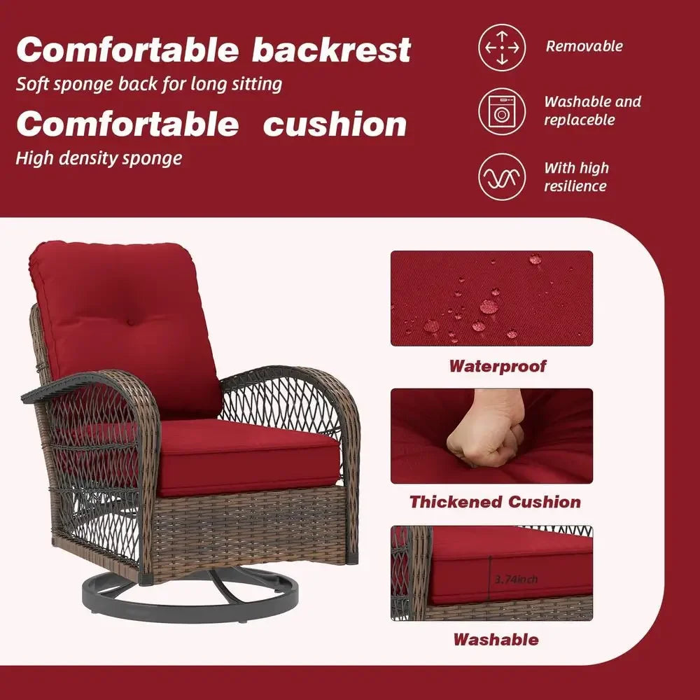 3-Piece Outdoor Swivel Rocker Set with Wicker Bistro Chairs, Cushions, and Glass Coffee Table in Wine Red .