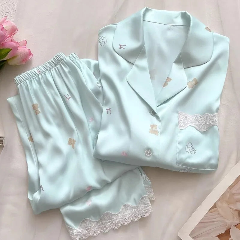 Bear Print Pajamas Women Cool Ice Silk Short Sleeve Pants
