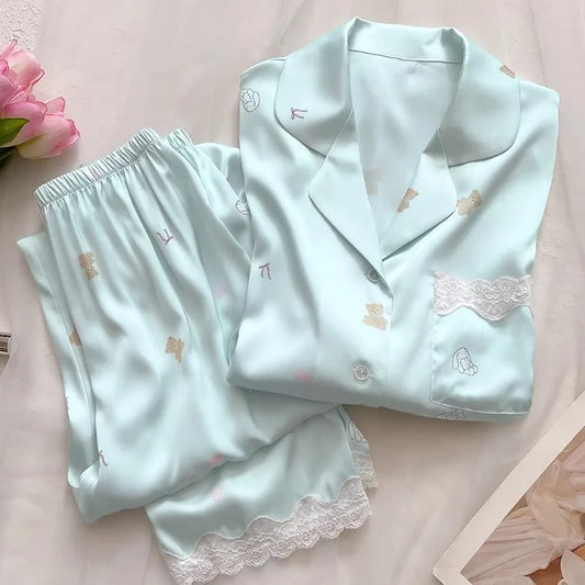 Bear Print Pajamas Women Cool Ice Silk Short Sleeve Pants