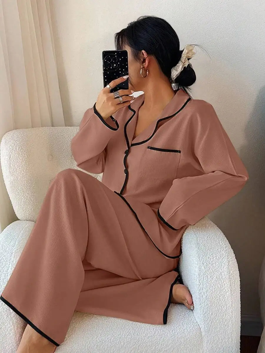 Womens Contrast Trim Lapel Loose Long Sleeve Pajama Set Light Green