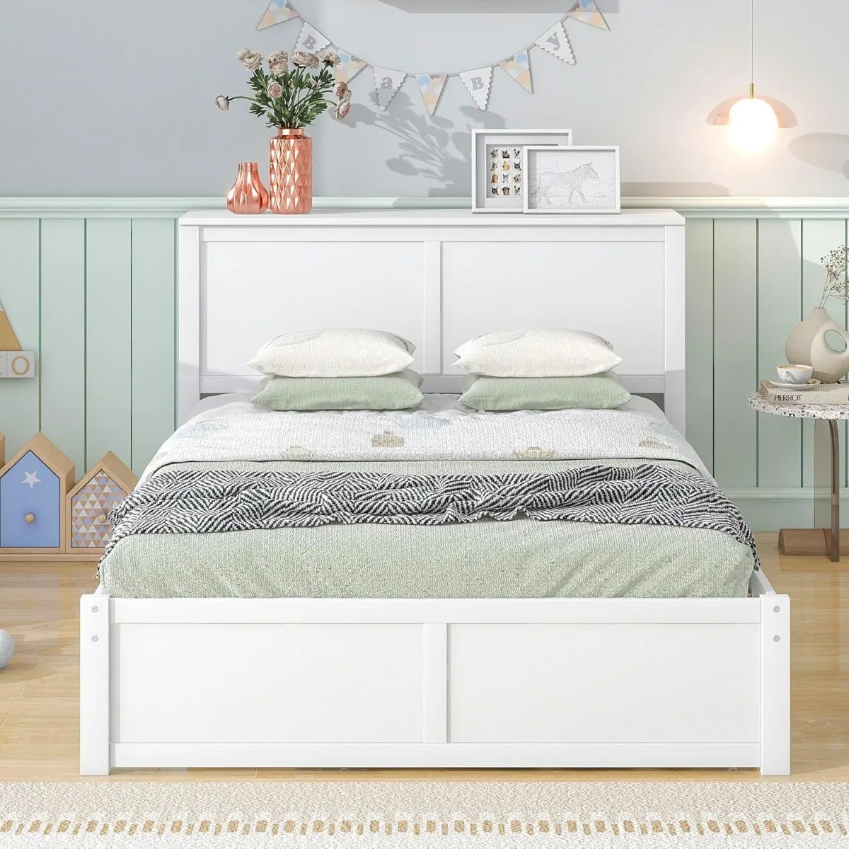 Full Size Storage Platform Bed with Pull Out Shelves, Twin Size Trundle, Solid Wood and MDF, 98" L x 89" W x 39.5" H