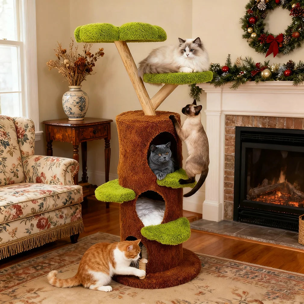 Luxury Wood Modern Cat Tree Tower Cat Scratching Post with Condo Bed .
