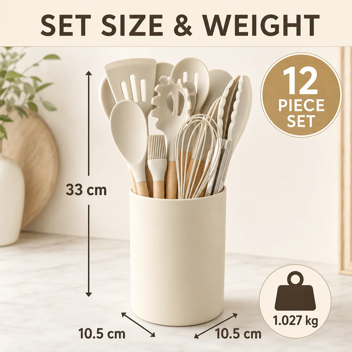 Silicone Kitchen Utensil Set with Holder, Beige Wooden Handle.