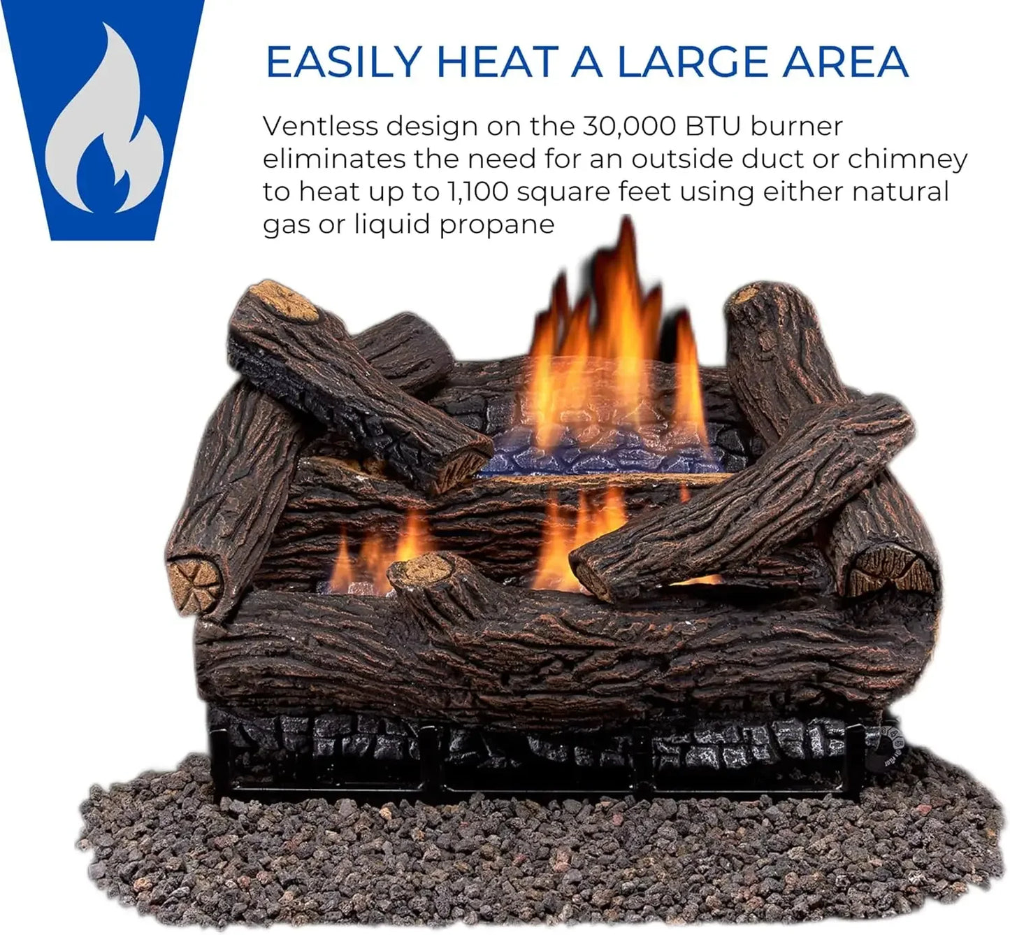 Ventless Natural Gas Log Set - 18 in. Stacked Oak, 30,000 BTU, Remote Control - .