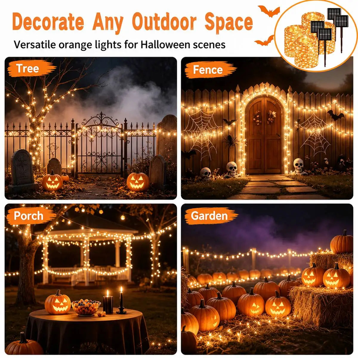 2Pcs/Set Halloween Solar Fairy String Lights Copper Wire LED Outdoor Lights With 8 Modes Outdoor.