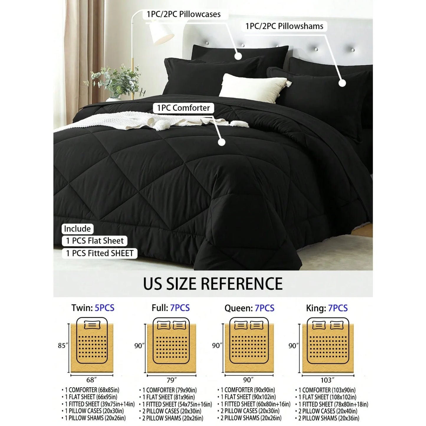 5/7 Piece Solid Color Bed Comforter Set Queen, Creative Geometric Pattern Design, ...Bed In A Bag For All Seasons.