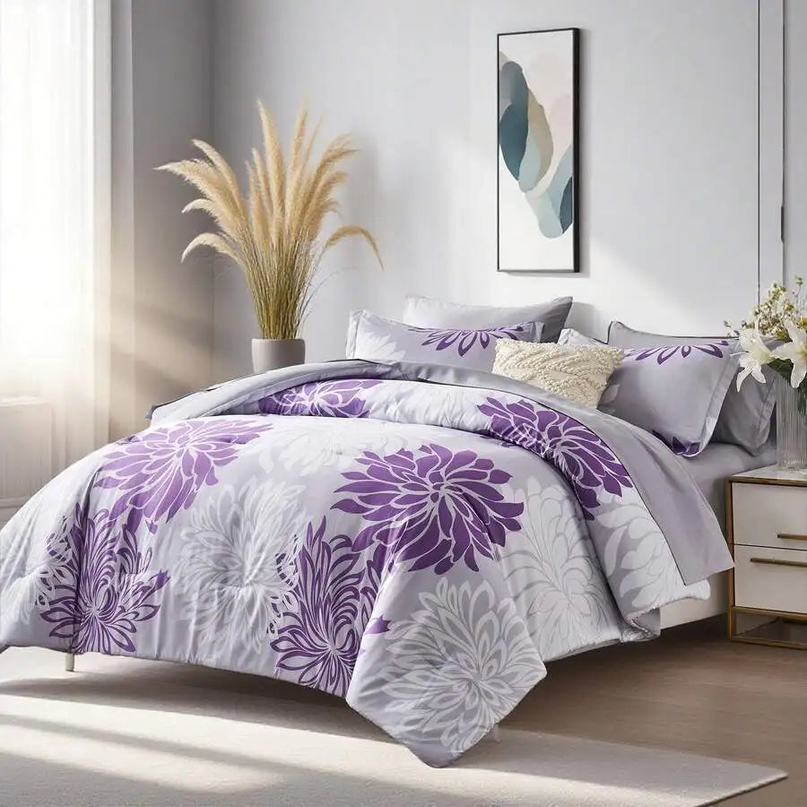 7 Pieces Chic Floral Printed Bed Comforter Sets, Queen King, ., Bed In A Bag, .