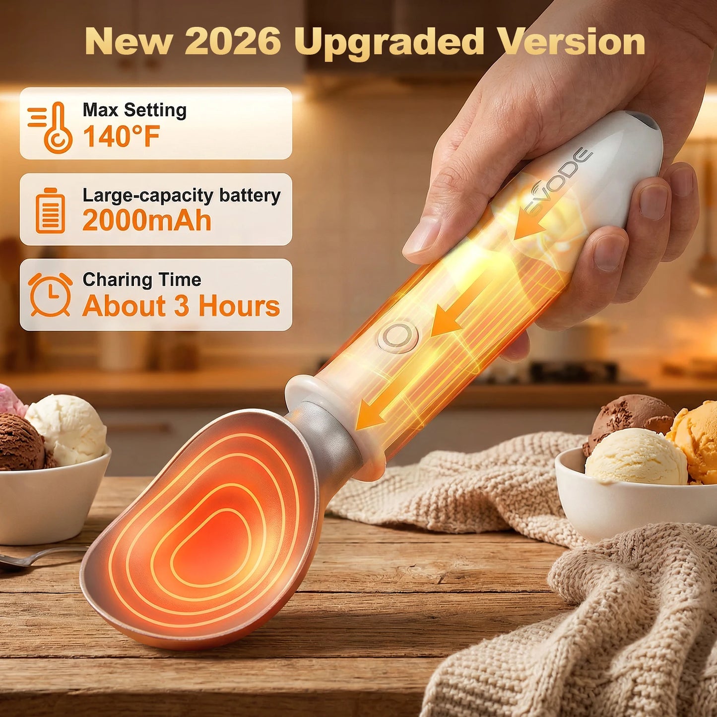 Electric Heated Ice Cream Scoop Rechargeable Dual Temperature with Safety Switch Non-Stick Heavy Duty for Hard Ice Cream