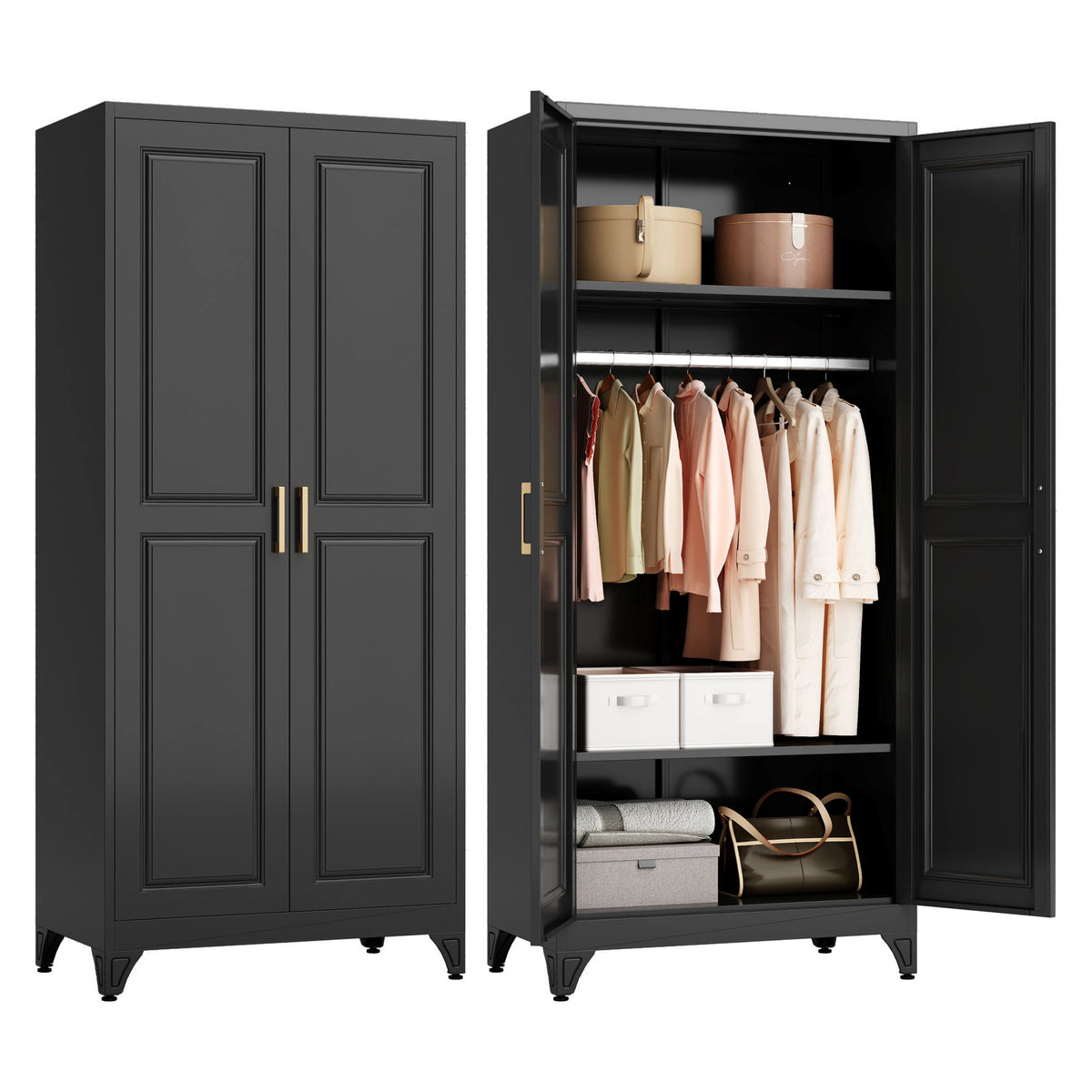 Steel Long Adult Modern Steel Armoire Wardrobe Storage Closet with 2 Doors and Shelves .