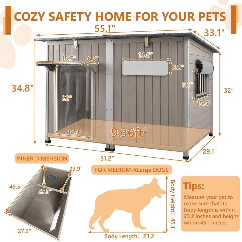 Extra Large Wooden Dog House with Weatherproof Roof, Iron Frame, Removable Floor, Openable Top