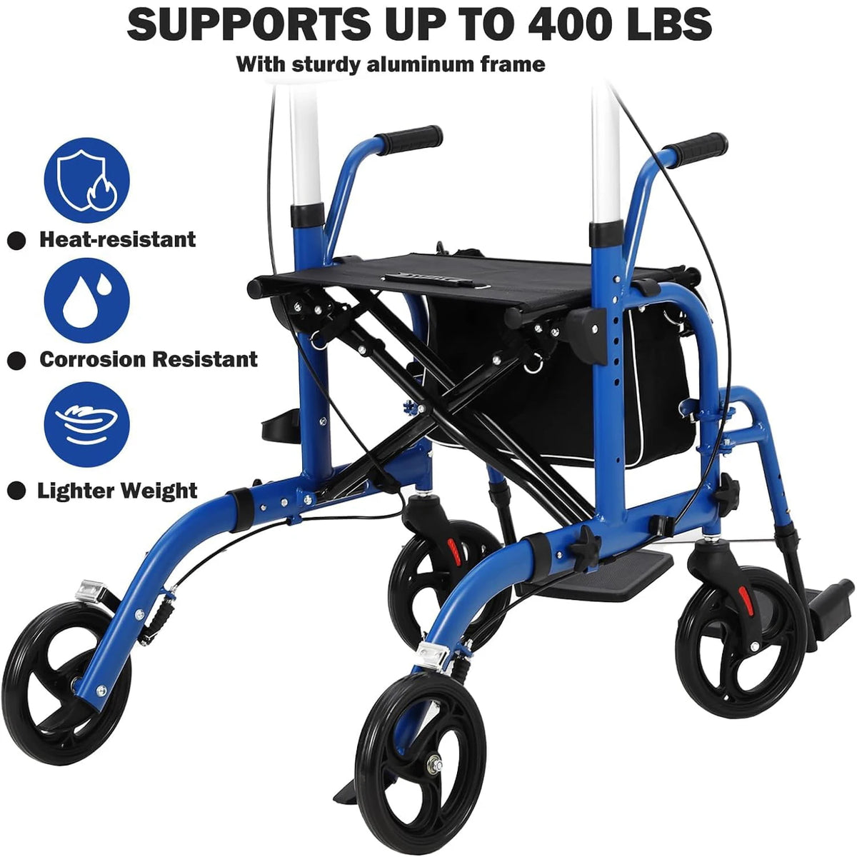 All Terrain Walkers for Seniors, Rollator Walker with Seat Foldable Aluminum Walkers with Backrest, Adjustable Height for Adults