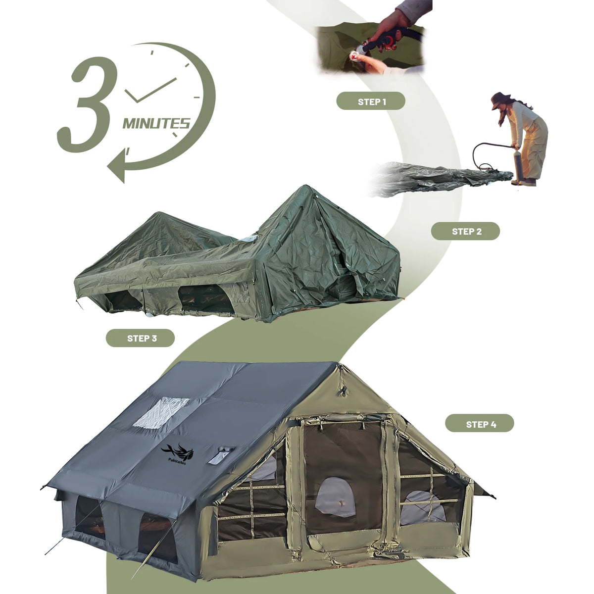 PAKICETUS Large Luxury Inflatable Glamping Tent with Manual Hand Pump, Easy Setup 4 Season Anti-Snow Spacious Family Shelter, Weatherproof Air Tent .