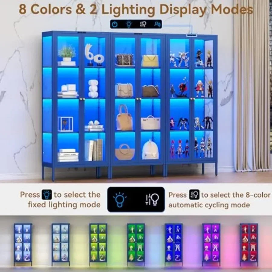 66 Glass Display Cabinet with 8-Color LED for Collectibles: Premium Tempered Glass, Sleek Black Frame,
