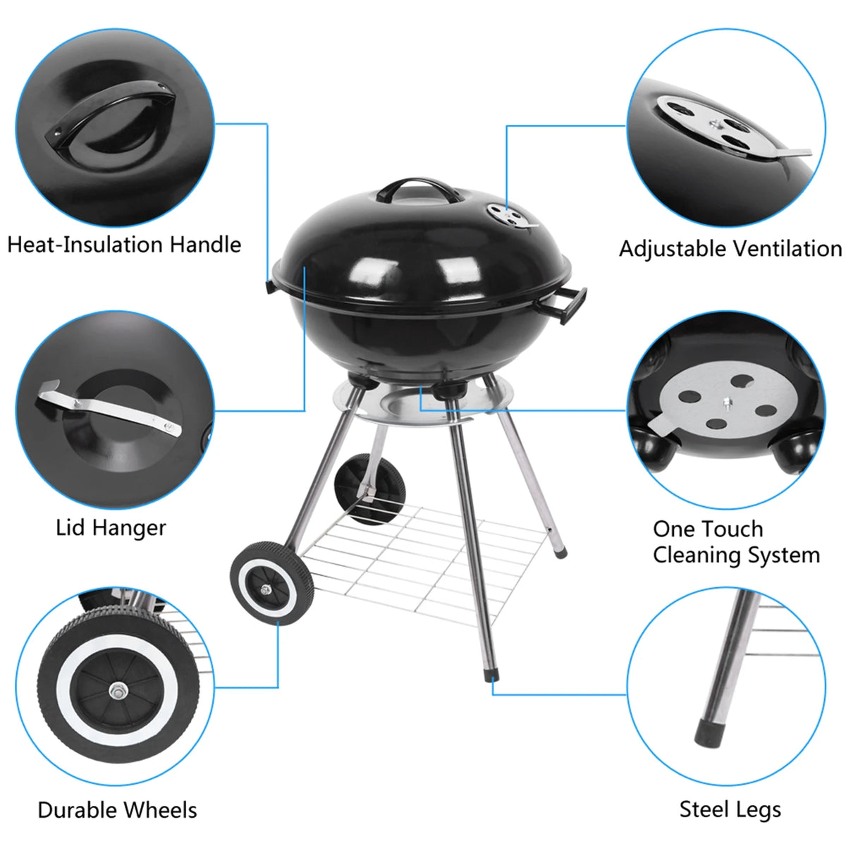 Portable Charcoal Grill with Thermometer & Wooden Handle.
