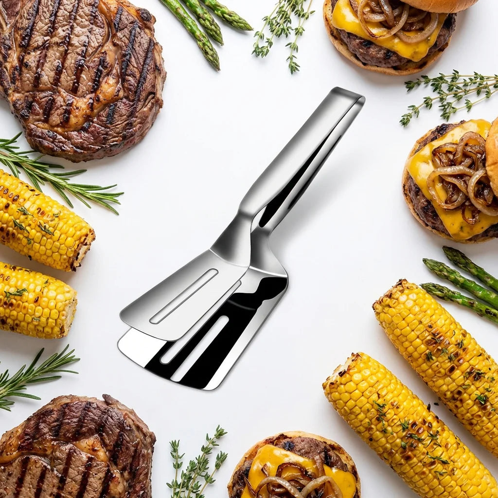 Durable Stainless Steel Steak Clip - Multifunctional Grill Tongs with Spatula,